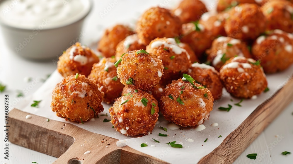 fried chicken meatballs paired with creamy ranch dressing, showcased on a white wooden board against the backdrop of a sleek grey concrete table, inviting customization with ample space for text.
