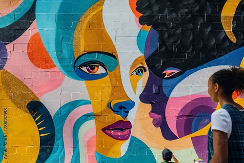 fragment kolorowego muralu miejskiego. Na murze widoczne są stylizowane twarze kobiet o różnych cechach i kolorach skóry