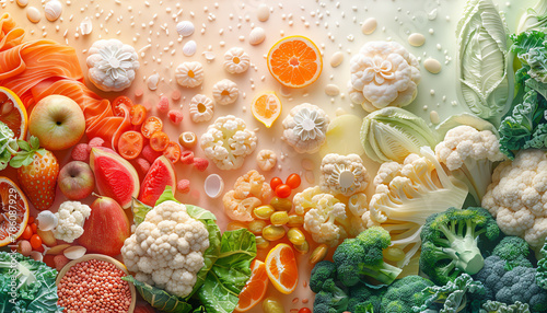 Illustration showcasing how different food groups impact gut bacteria and overall health photo