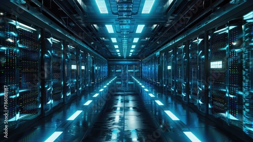 A sprawling data center illuminated by rows of blinking lights and humming servers  the heart of a vast digital ecosystem powering the modern world 
