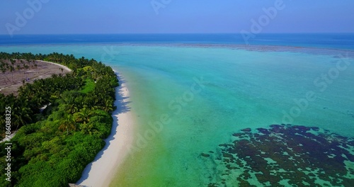 Aerial view of lush green tropical island in the blue ocean in Asia