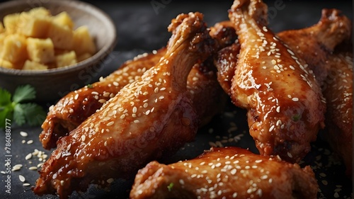 Crispy BBQ chicken wings with sesame, Photograph, Realistic, Food Photography, Art Inspirations from Food Photography blogs and magazines, Camera: Canon EOS 5D Mark IV, Lens: Canon EF 100mm f/2.8L Mac photo