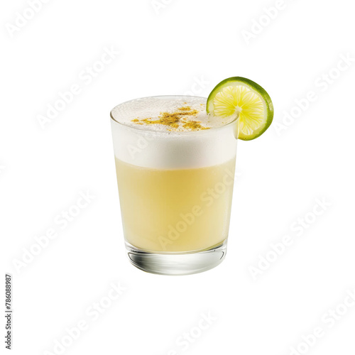 Classic Pisco Sour Cocktail with Lime Slice and Frothy Top on Transparent Background