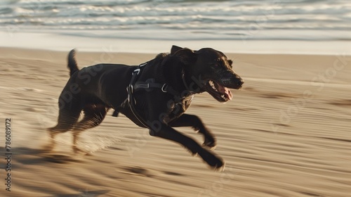 A harness clad black canine happily runs on the sandy shore