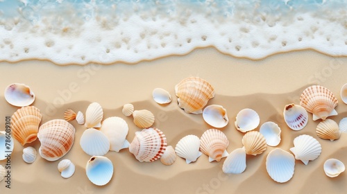 Sandy beach adorned with delicate seashells, scattered like treasures along the shore, creating a picturesque scene of natural beauty and coastal charm. 