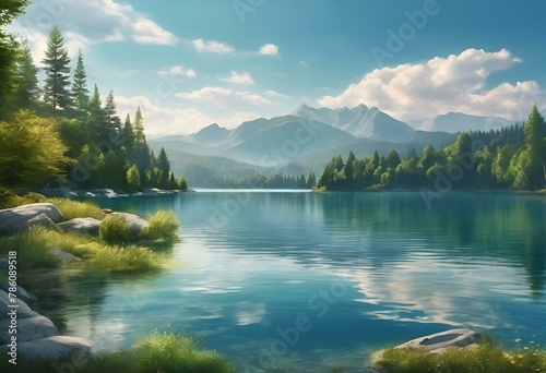 there are green and blue trees near the water and mountain © Wirestock