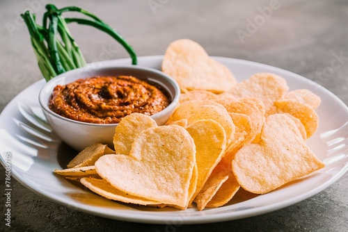 Chips shaped as hearts and vegetable dip photo