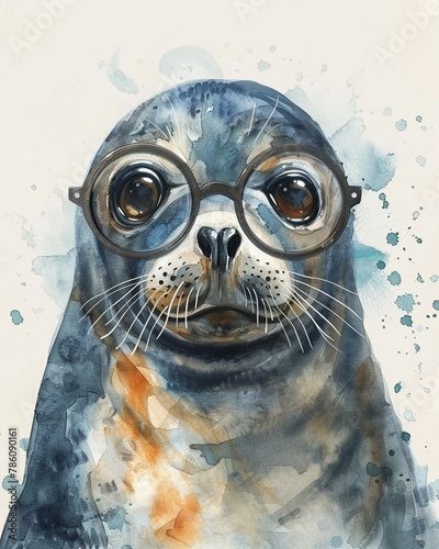 Adorable seal in watercolor, donning round glasses, gentle and wise, soft hues, white bg © Katawut