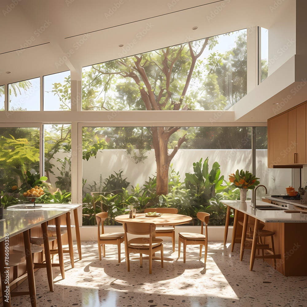 Exquisite Sun-Drenched Breakfast Nook with Stylish Wooden Furniture and Large Windows
