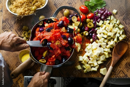 Cooking with eggplant, olives and tomatoes, ingredients for caponata photo