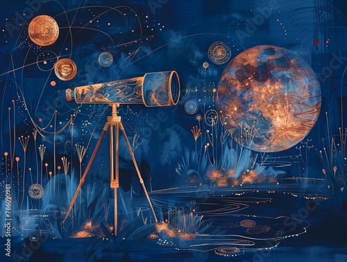 A telescope pointing at a moon made of gold coins, exploring investment opportunities photo