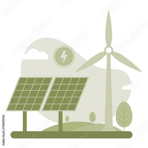 Electricity from solar panels and widmills. Eco green energy. Save the earth concept