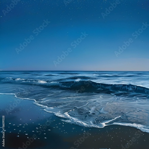 AI generated illustration of Nighttime ocean waves under starry sky