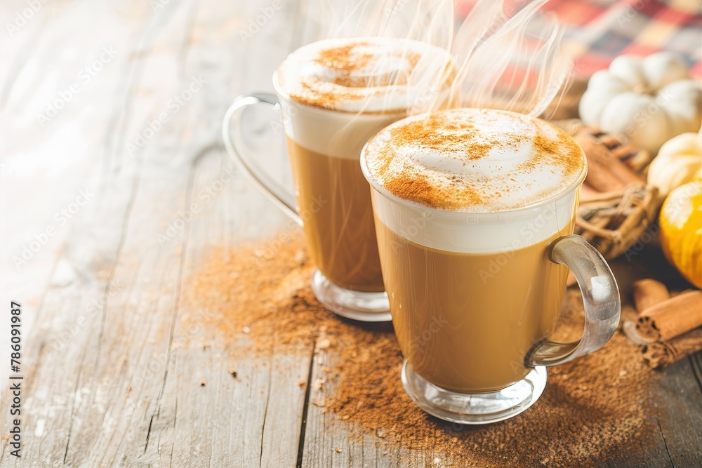 Obraz premium Pumpkin spice latte in tall mugs with cinnamon, nutmeg and cardamom
