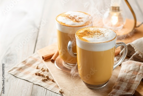 Pumpkin spice latte in tall mugs with cinnamon, nutmeg and cardamom photo
