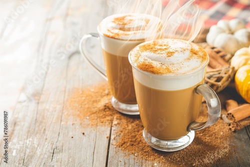 Pumpkin spice latte in tall mugs with cinnamon  nutmeg and cardamom