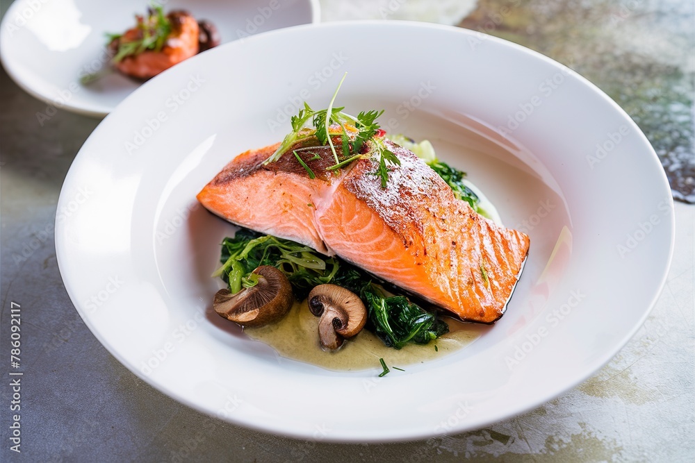 Salmon fillet served with sauteed greens and mushrooms, gourmet plating Salmon fillet served with sauteed greens and mushrooms, gourmet plating