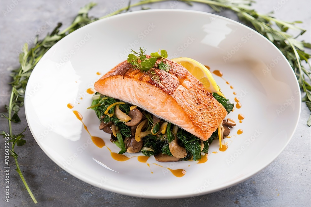 Salmon fillet served with sauteed greens and mushrooms, gourmet plating Salmon fillet served with sauteed greens and mushrooms, gourmet plating