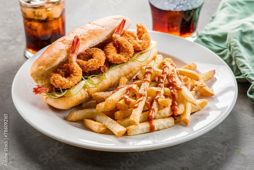 Shrimp po boy sandwich with fries served with soda