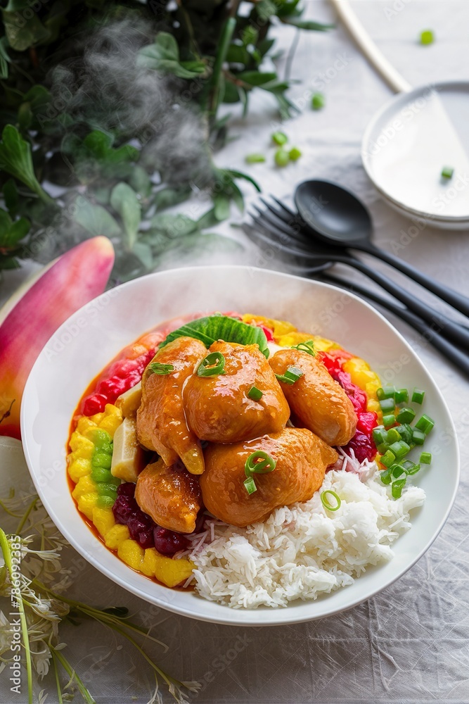 Sweet and sour chicken with rice and green onions