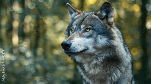 A sleek gray wolf  its piercing gaze filled with primal wisdom  shadowy form blending seamlessly with a backdrop of moonlit forest.