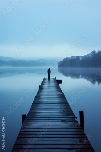 AI-generated illustration of a solitary figure standing at the end of a jetty looking at a lake © Wirestock