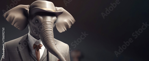 Gentleman boss elephant with a trunk and big ears wearing a hat, suit and tie. Banner header. AI generated. photo