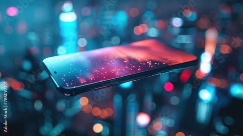 A sleek, futuristic smartphone hovering in mid-air, emitting a soft glow from its screen against a backdrop of city lights at night. photo