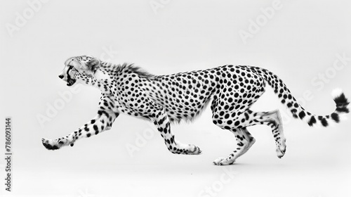 A sleek cheetah, its lithe form captured mid-stride against the backdrop of pure white, embodying speed and grace in every movement. photo
