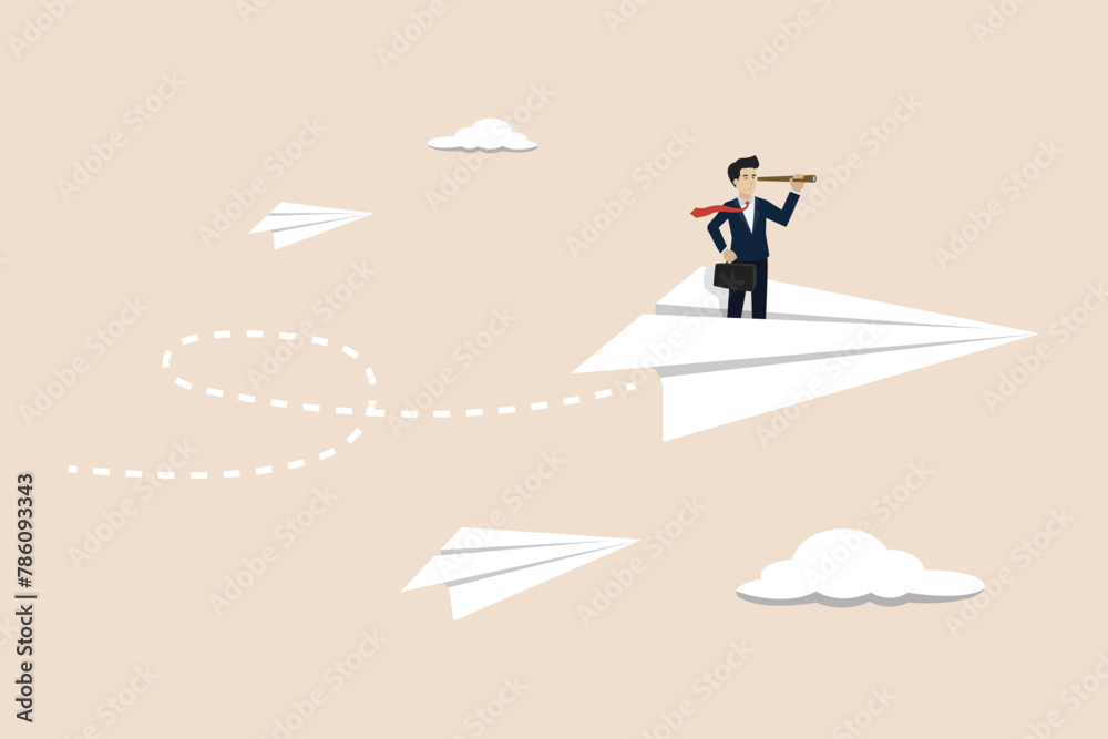 Obraz premium Business leadership, smart confident businessman standing on flying paper airplane origami leading to achieve goal.