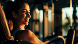 Portrait photography, candid natural shot, smiling woman working out in gym. Bright, interior lighting, shadow play, fitness, weight lifting, athletic, self improvement, personal goals