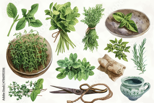 Set of gardening items in hand drawn style. Agricultural and garden tools for spring work. Vector isolated on white background watercolor set.