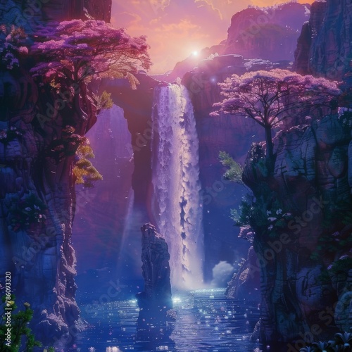 AI generated illustration of a sunset waterfall cascading through rocks