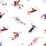 Inspiration concept. Calm men and women soaring around stars, planet in space endless background. Repeatable pattern of people flying in cosmos, move in zero gravity. Flat seamless vector illustration