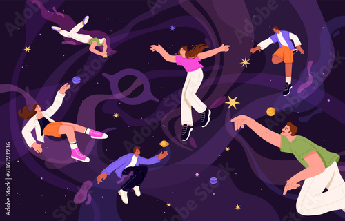 People flying in cosmos, soaring in space in imagination. Men and women look for inspiration, search new creative ideas concept. Characters discover galaxy, explore world. Flat vector illustration