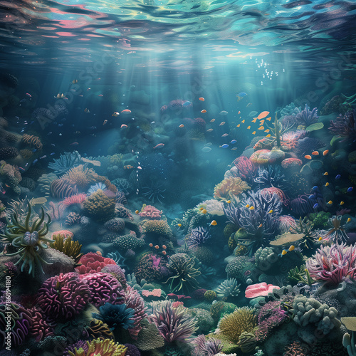AI generated illustration of a vibrant coral reef teeming with fish under bright sunlight
