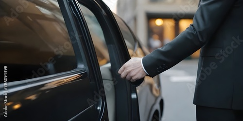 Driver open door of the limousine. Professional driver near luxury car. Chauffeur service