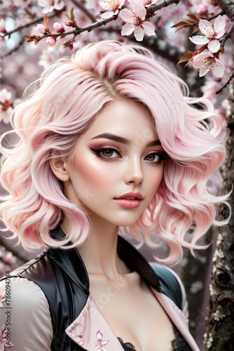 AI generated illustration of a young woman with vibrant pink hair and ample bosom