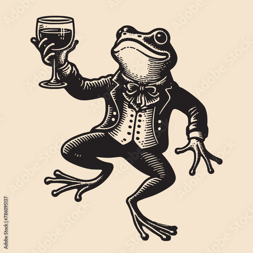  A cheerful dancing frog with a glass of alcoholic drink wine in his hand. in a tailcoat. Vintage retro illustration, emblem logo. Black and white