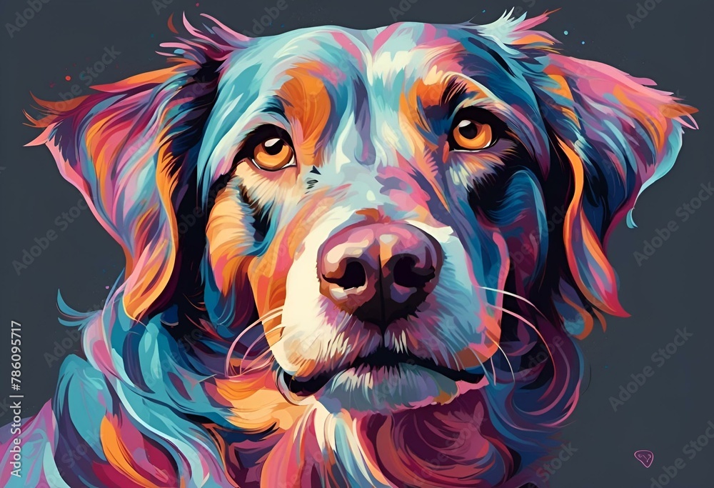 AI generated illustration of a large colorful dog with long, brown fur and expressive eyes - obrazy, fototapety, plakaty 
