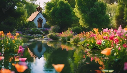 AI generated illustration of a church amidst flowers in a pond