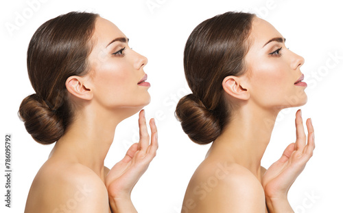 Double Chin Surgery Reduction. Women lower Jaw Before and After Plastic Surgery. Women Facelift Treatment and Exercise over White background photo