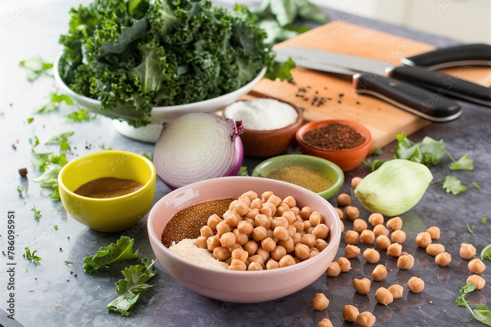 Cooking with kale and chickpeas - ingredients on the table