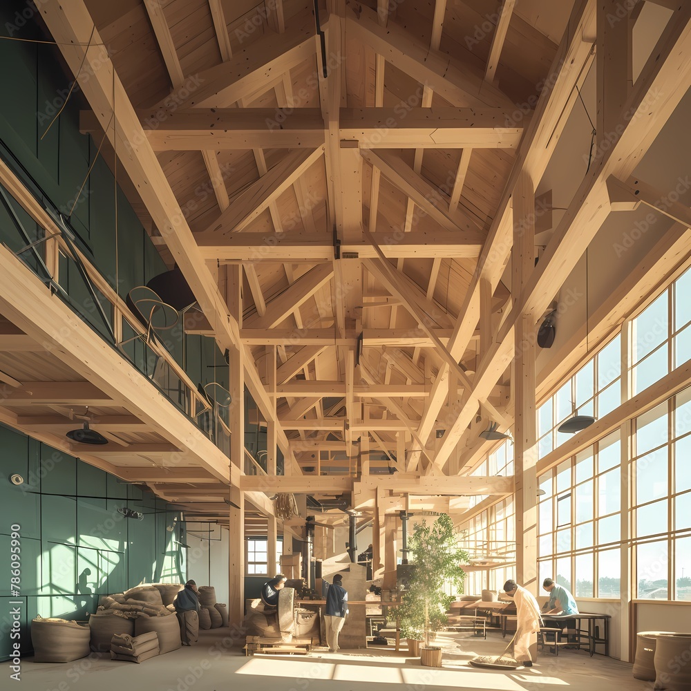 Vibrant and Rustic Grain Mill Interior with People at Work