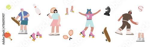 Set of cartoon characters doing sports, flat vector sport hobbies illustrations, football, rugby, badminton, rollerblading, chess, skateboarding, sports equipment icons