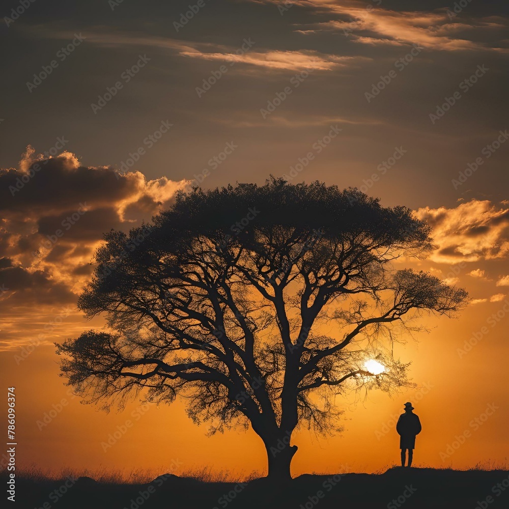 AI generated illustration of a man standing beside tree at sunset in desert with dramatic sky