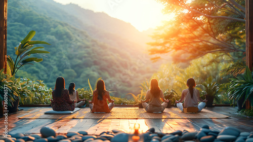 Wellness retreat setting, with people engaging in yoga, meditation and healthy dining options. Promoting holistic well-being and self-care in tranquil environment with mountains