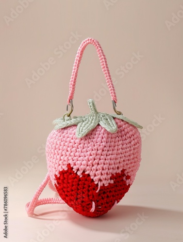 AI generated illustration of A charmingly crocheted strawberry handbag hangs poised