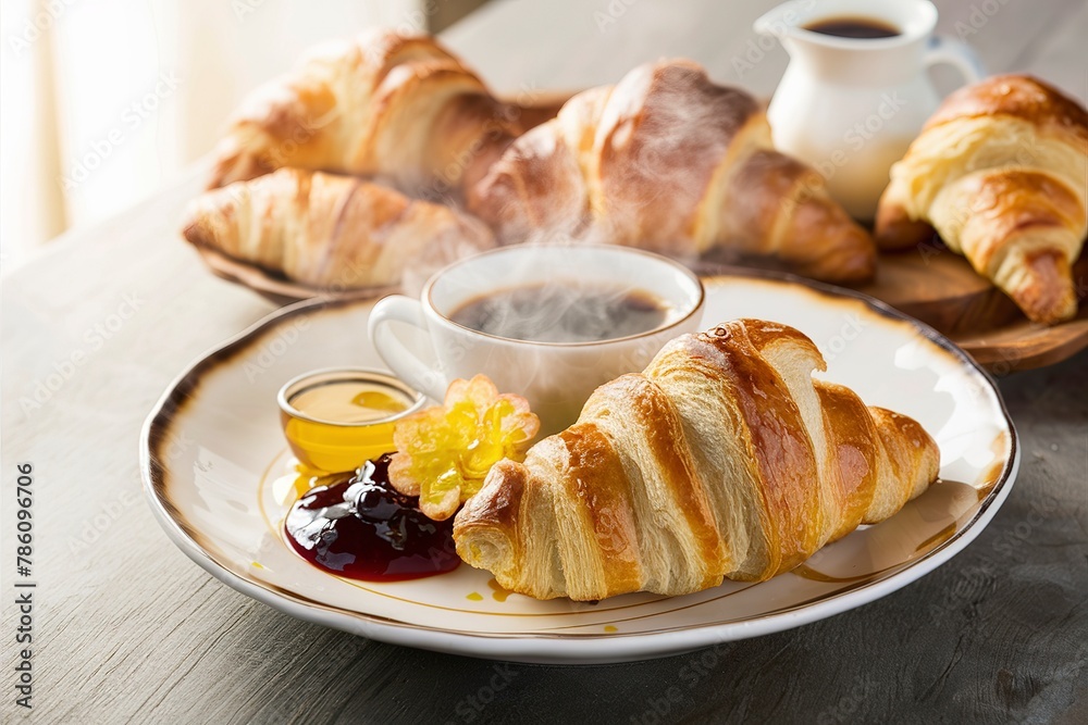 Freshly baked croissants with honey, jam and coffee for breakfast Freshly baked croissants with honey, jam and coffee for breakfast
