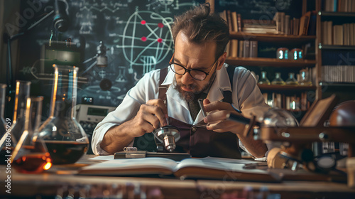 A focused scientist examining a specimen with a magnifying glass in a classic laboratory setting.

 photo